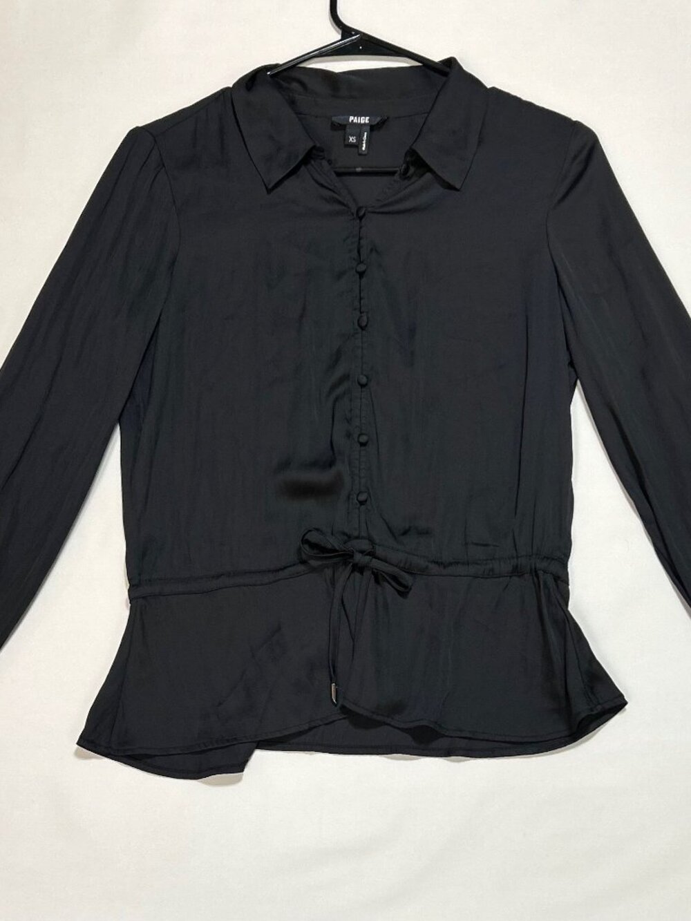 Paige (XS) Blouse; Black; Buttons and Tie Waist; Gathered Cuff; 100% Polyester